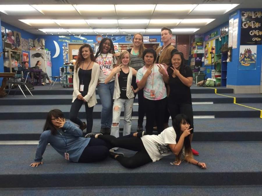 Ashley Cauthen poses with the other 8 Drama Club officers during a Drama Club meeting to show pride for her department. To become an officer for theatre you must be in a theatre class and be in at least 1 main stage show.  “I’m interested in theater because it’s rather a lifestyle for me,” Cauthen said. 