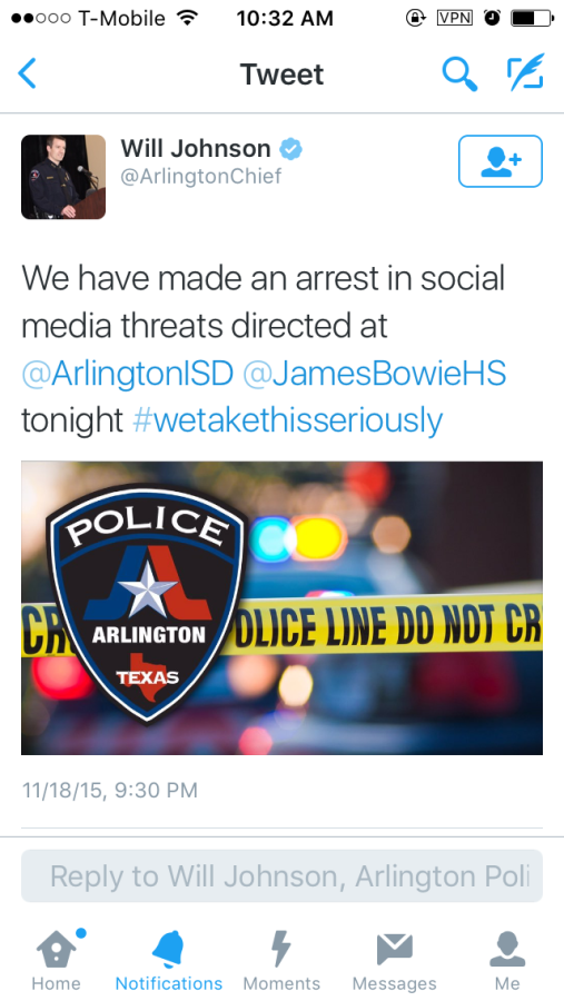 After+twitter+threats+being+made+to+the+school+it+raised+an+awareness.+Arlington+PD+took+the+situation+really+seriously.+Heavy+security+was+enforced+at+Bowie+and+an+investigation+was+made.