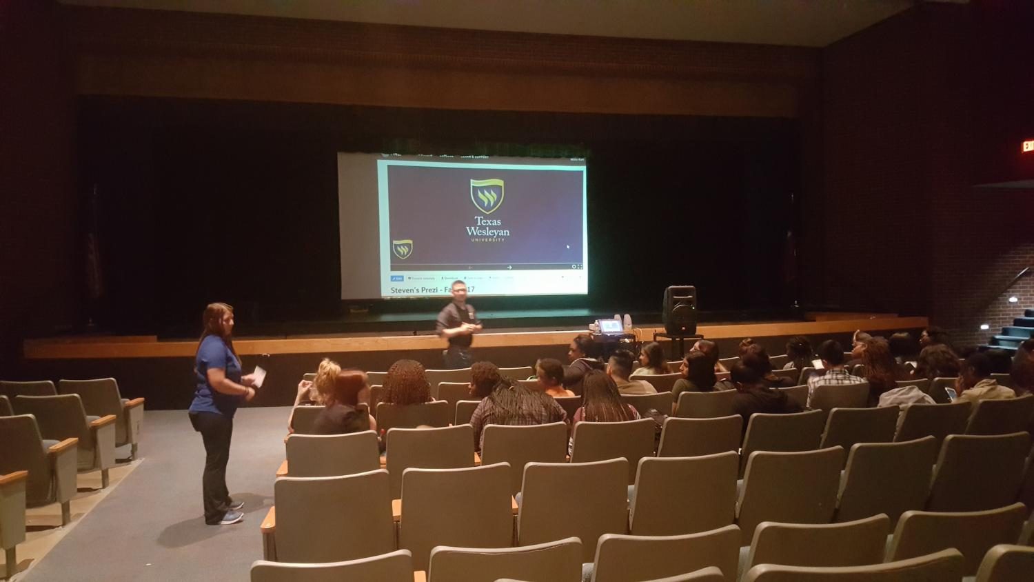 On May 10, A guest speaker was giving out information to AVID students about Texas Wesleyan University.