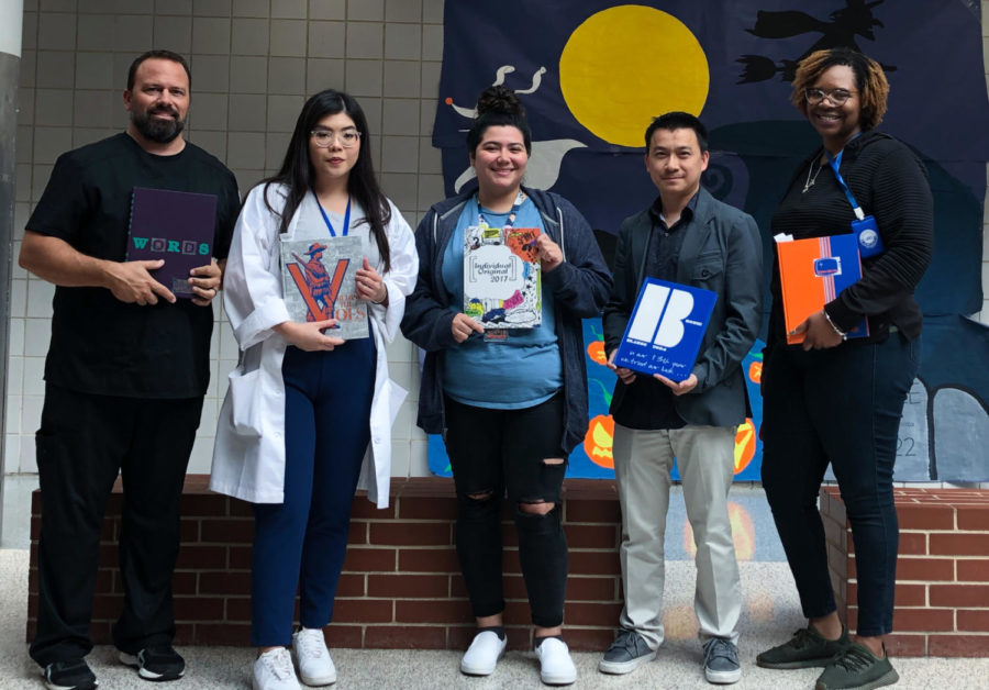 (Left to Right)Mr. Laningham, Ms. Guo, Ms. Velasquez, Mr. Dang, & Ms. Vestal with the yearbooks of their graduation year.